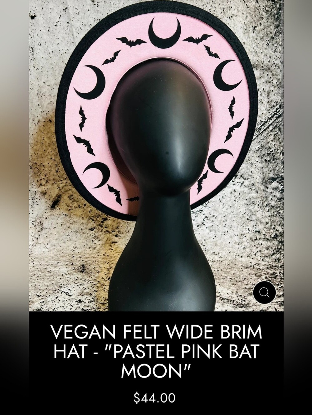 Witchwood Vegan Felt Wide Brim Hat - Pastel Pink Bat & Moon